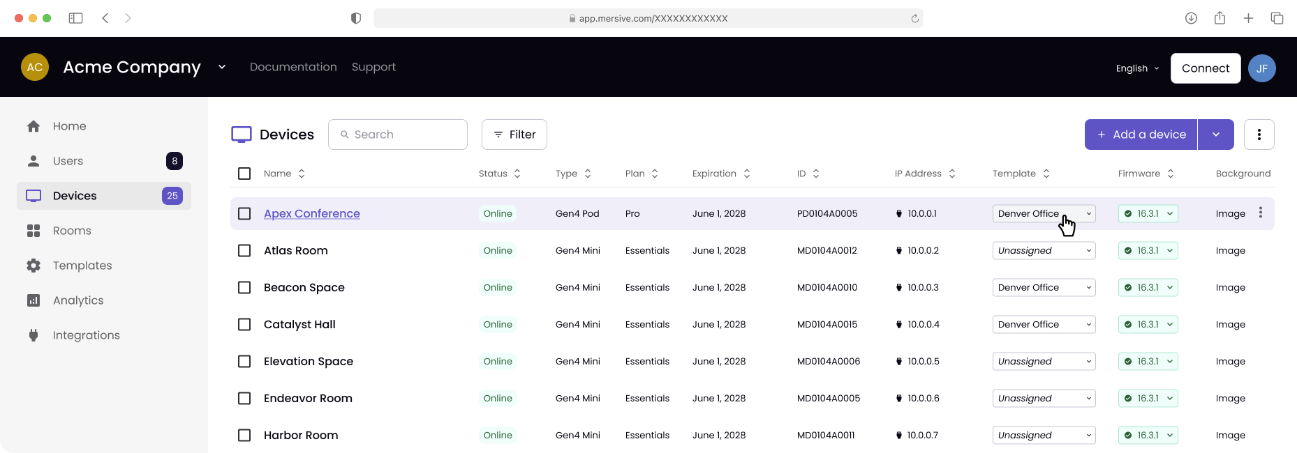 Polaris Cloud console: the Devices view listing rooms, product tier, firmware version and status, with fleet health counters above