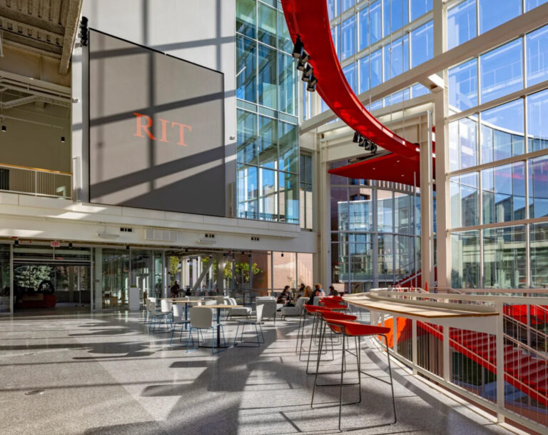 Planar LED marquee in the atrium of SHED at Rochester Institute of Technology.